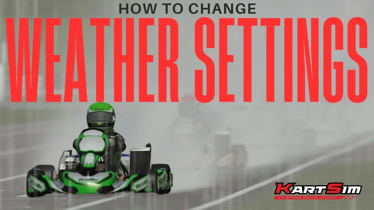 Professional kart simulator with driver in racing posture on realistic wet track, weather settings tutorial.