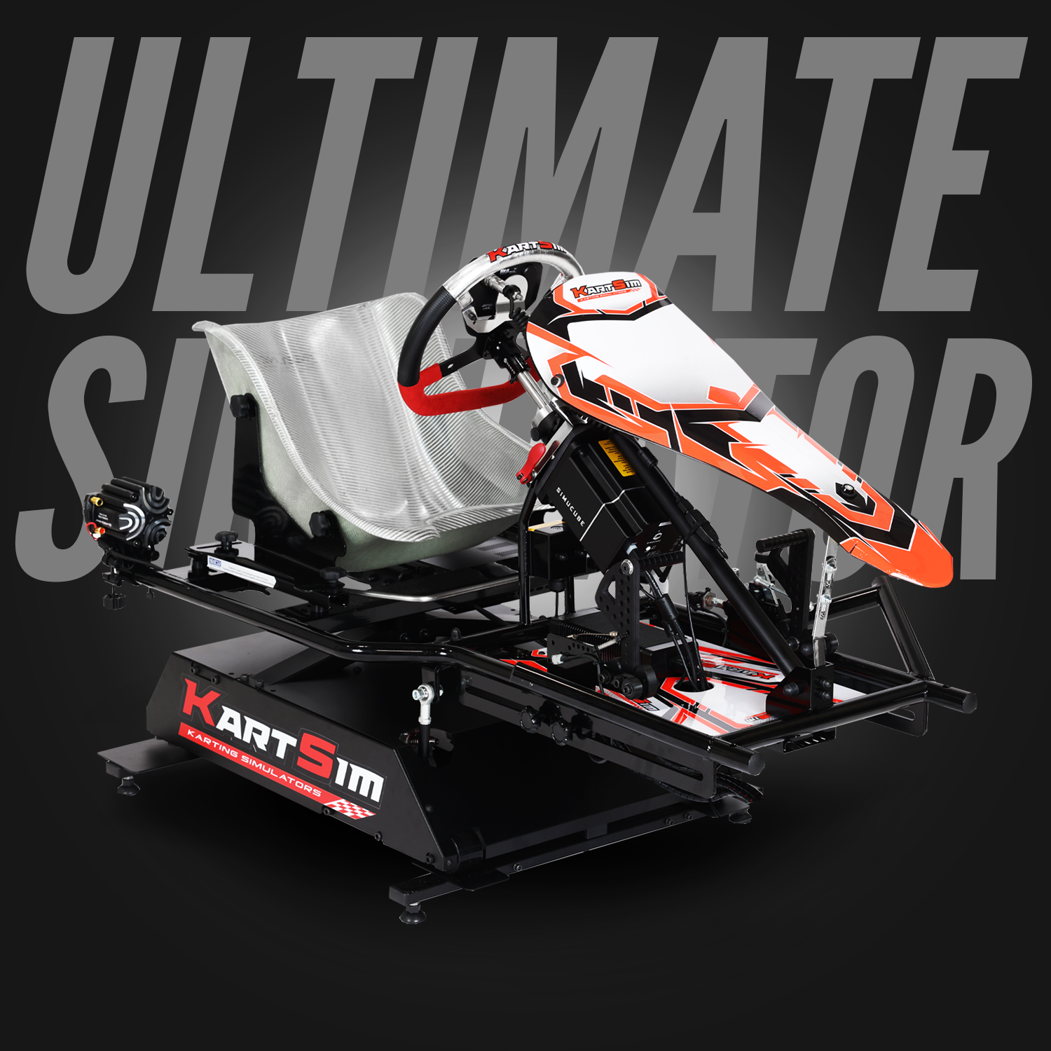 Professional kart simulator with motion platform, racing seat, and steering wheel for realistic kart driver training.
