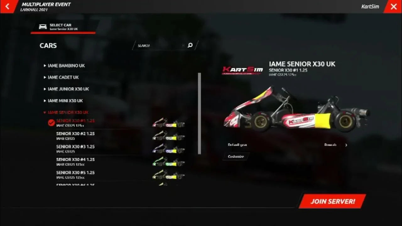 Kart racing simulator software interface with IAME Senior X30 UK kart selection, realistic karting training environment