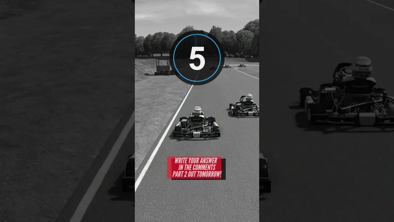 Onboard racing view at Whilton Mill showing two karts side by side approaching Christmas Corner in a decision-making racecraft scenario