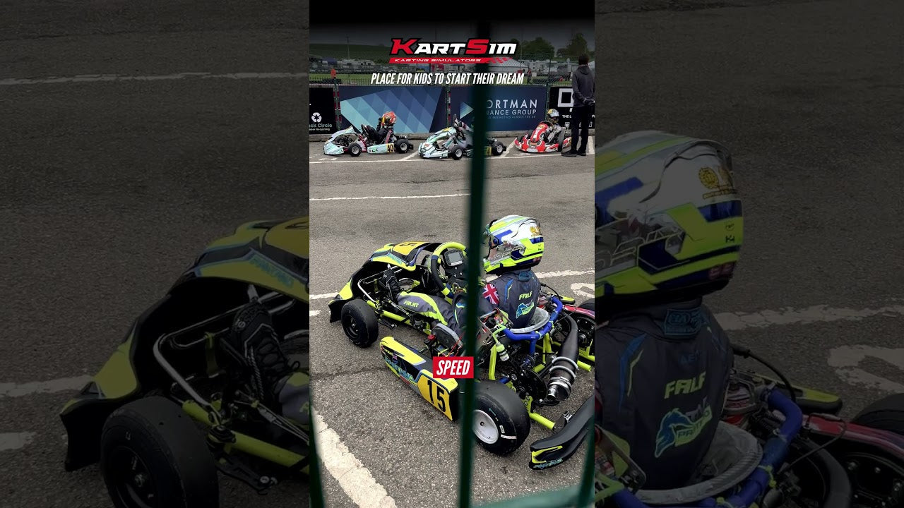 KartSim professional kart simulator training kids on realistic racing track with motion platform and telemetry HUD
