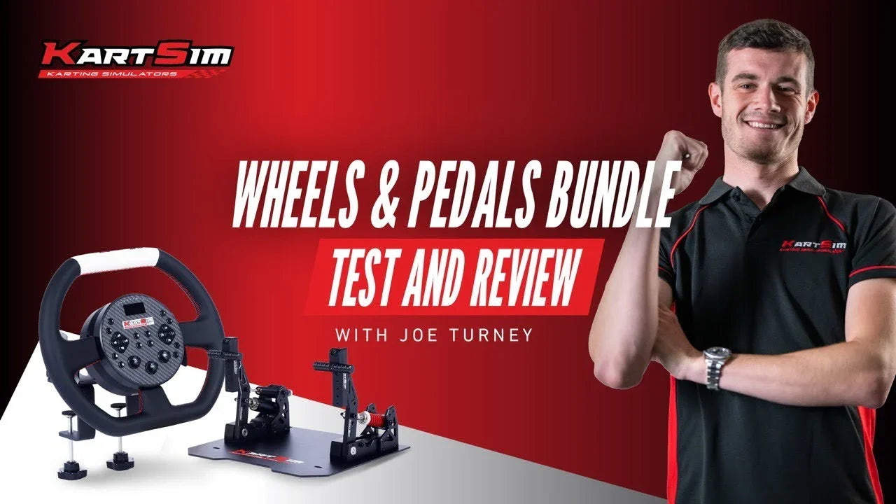 Professional kart simulator wheel and pedal bundle displayed for test and review, kart driver training focus