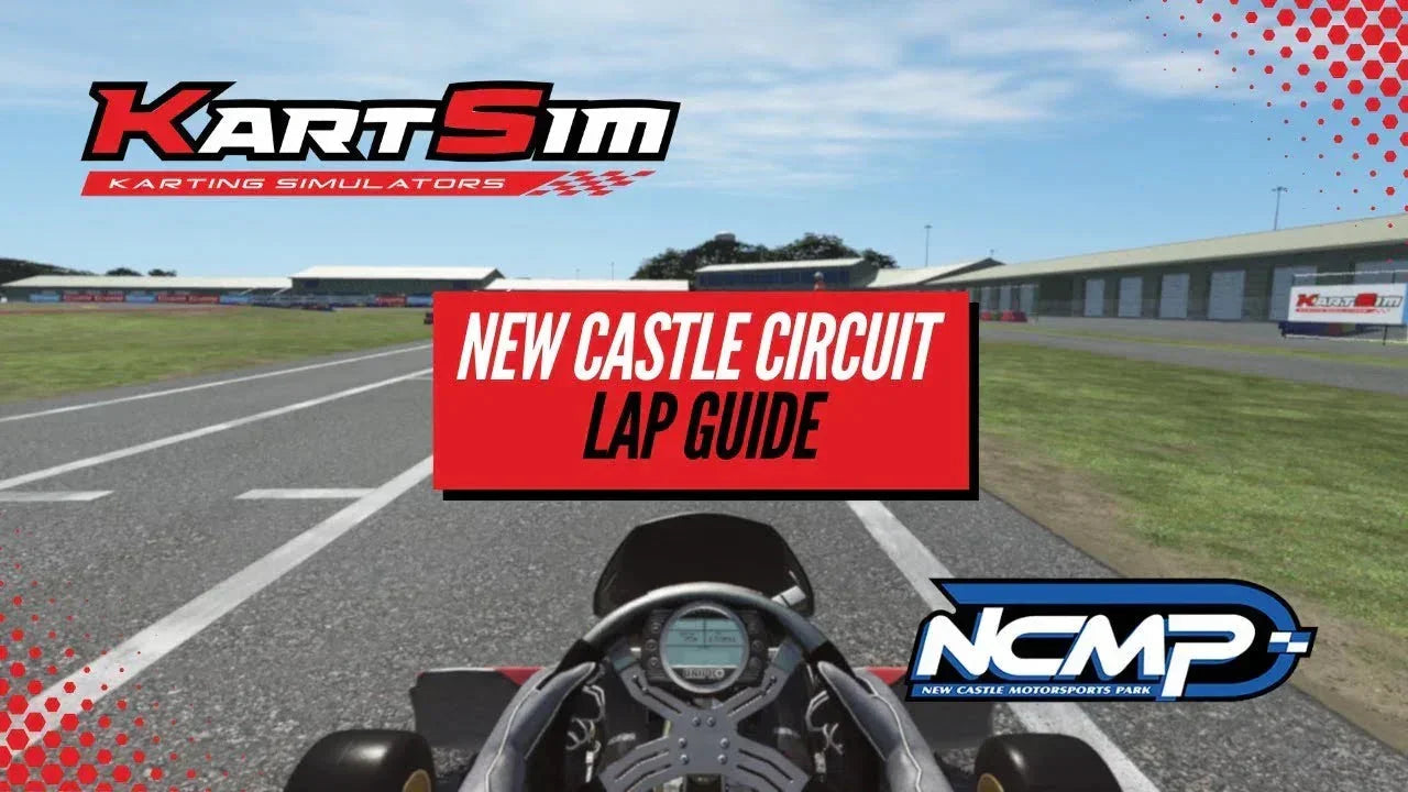 Kart racing simulator cockpit view on the New Castle circuit, featuring realistic karting training interface.