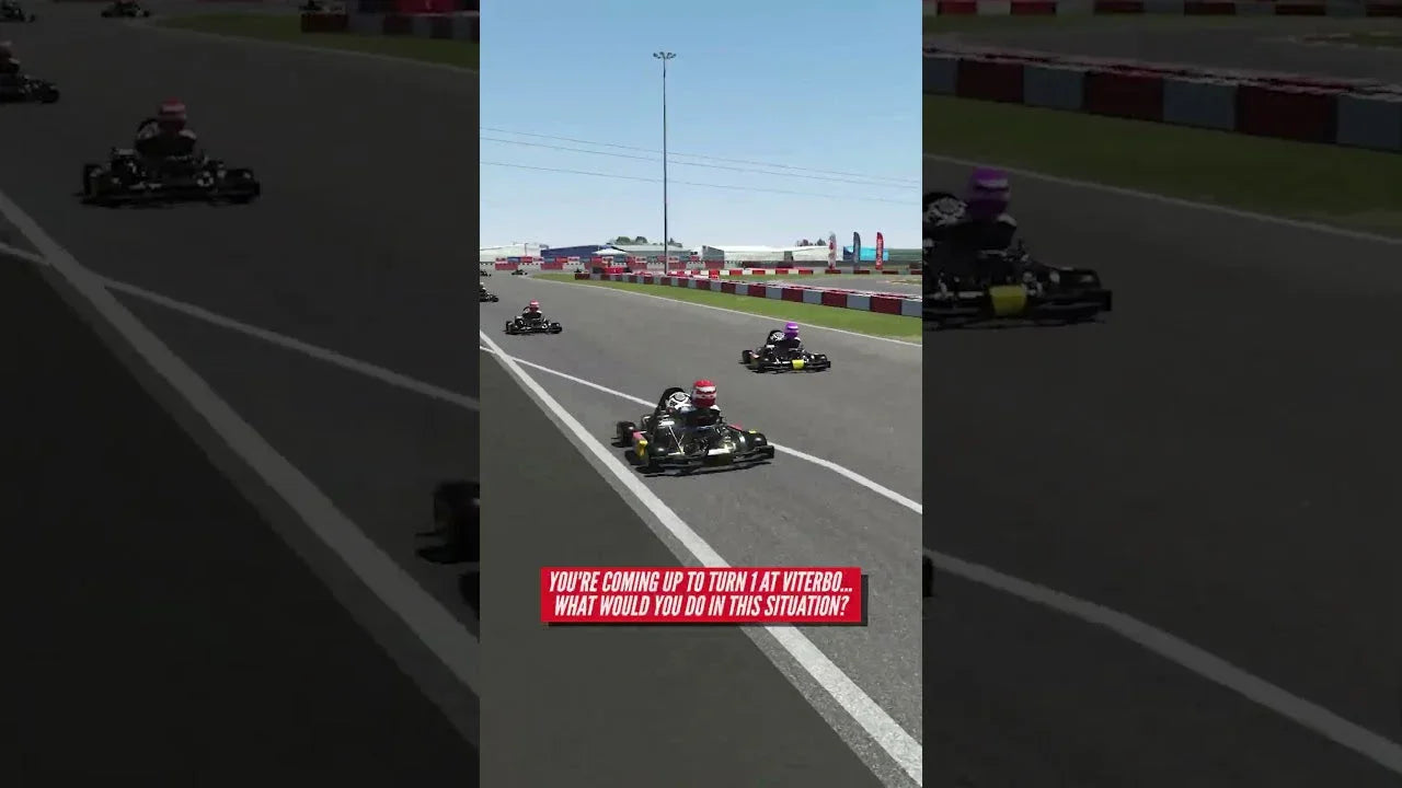 Kart racing simulator software showing multiple karts on a realistic LiDAR-scanned training track.