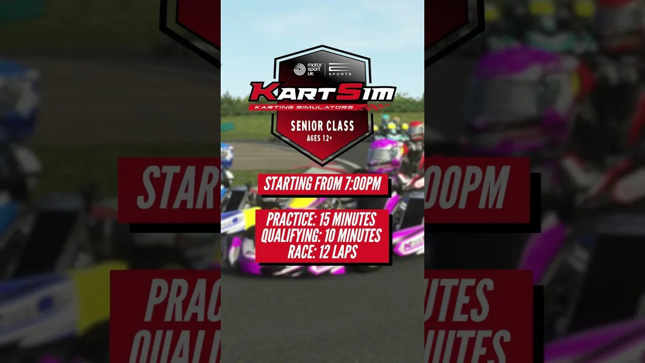 Senior class kart racing simulator event with practice, qualifying, and race schedule for driver training