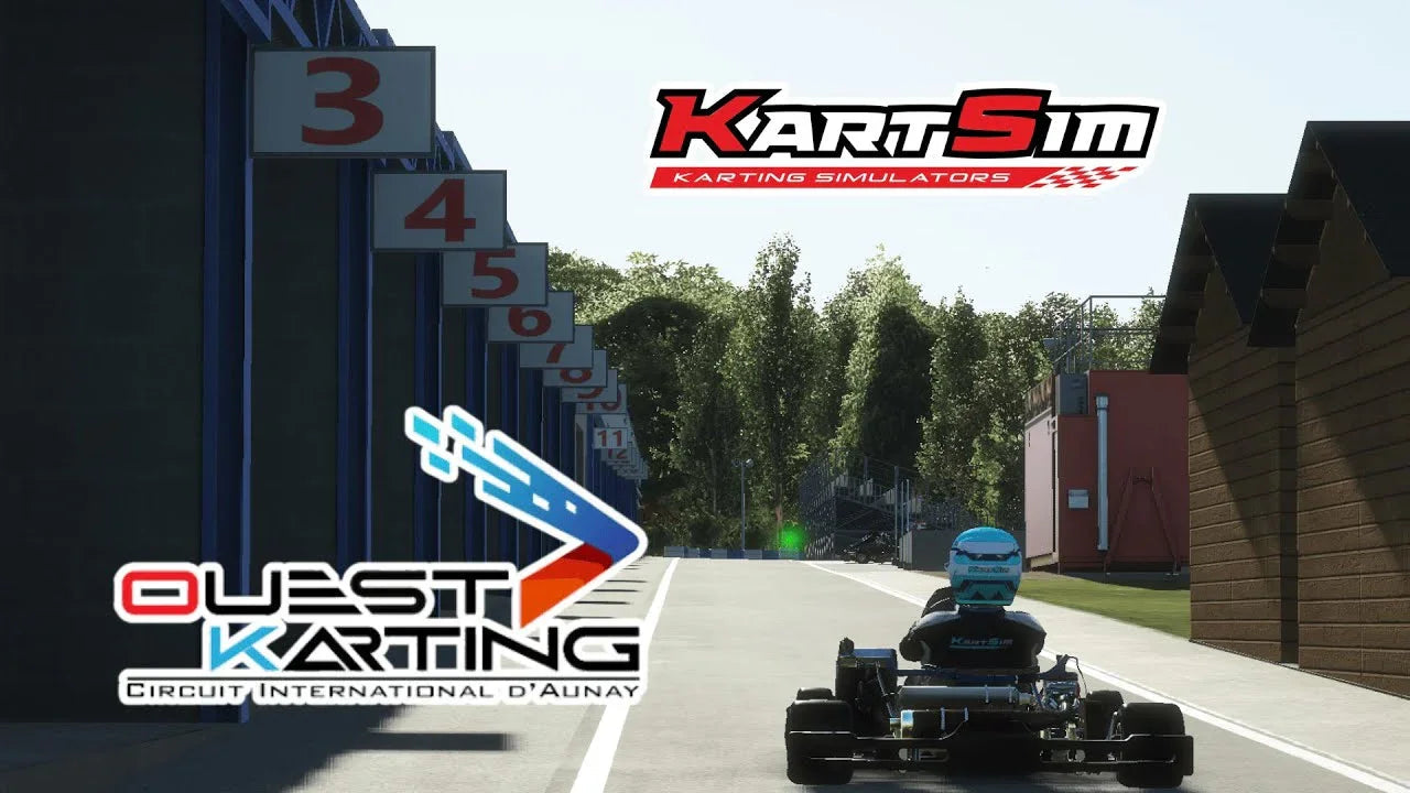 Realistic kart racing simulator with driver in pit lane, showcasing karting training environment and LiDAR track.