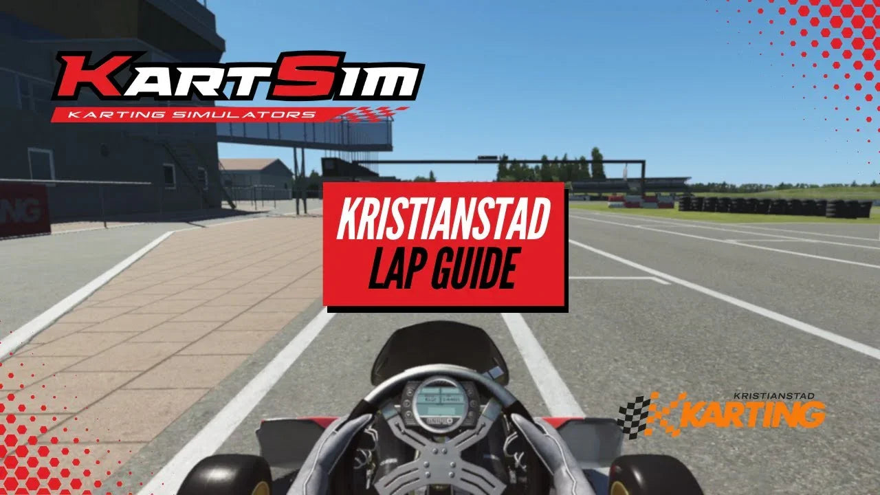 Professional kart racing simulator lap guide of Kristianstad track, realistic training environment, telemetry HUD visible.