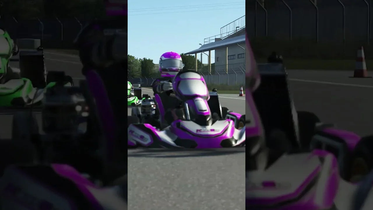 Driver approaching start/finish at Lonato (South Garda Karting) in KartSim Pro EU with realistic visuals and laser-scanned detail.