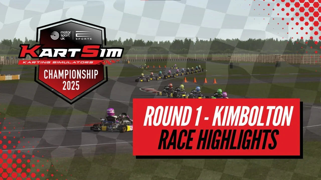 Kart racing simulator esports event on a realistic digital Kimbolton track with multiple racers.