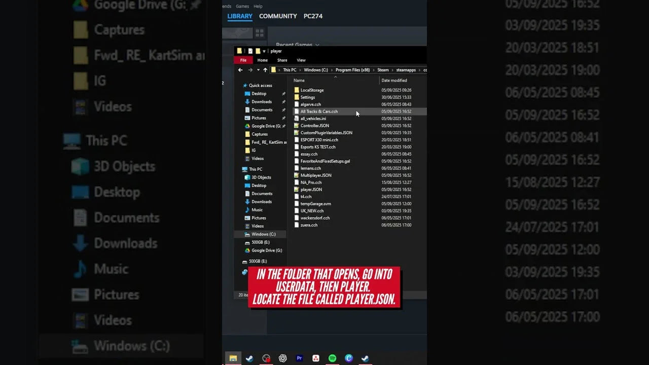 Kart racing simulator software file directory showing telemetry and player.json setup for karting training