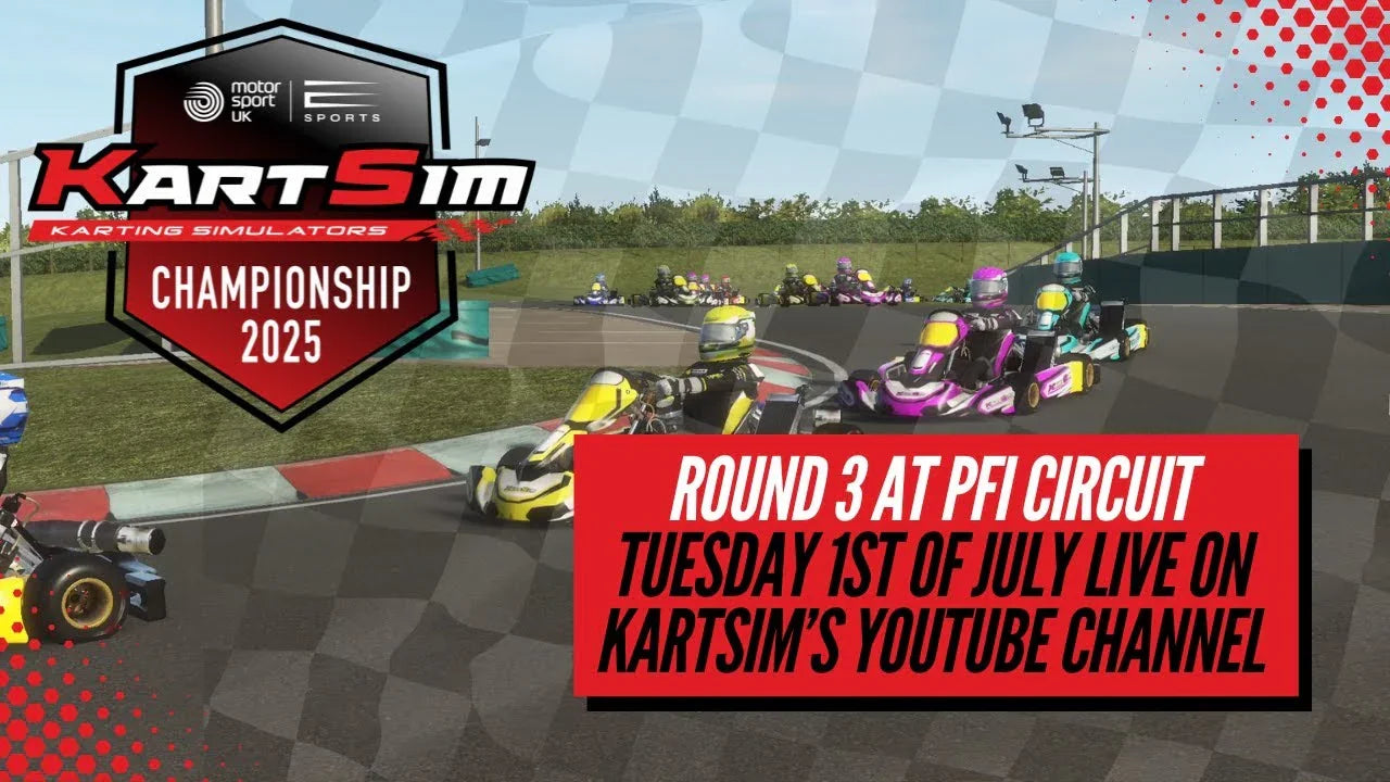 Kart racing simulator championship with virtual karts on realistic circuit for professional driver training.
