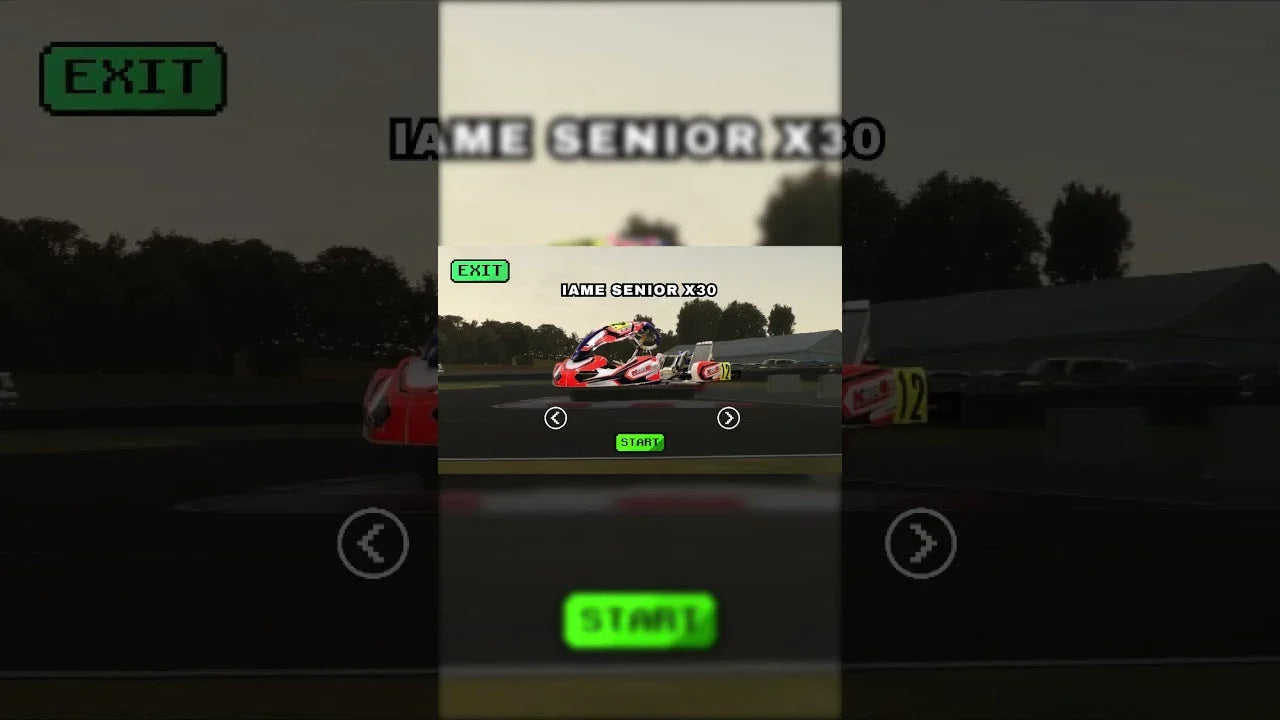 Kart racing simulator software interface displaying IAME Senior X30 kart selection for driver training.