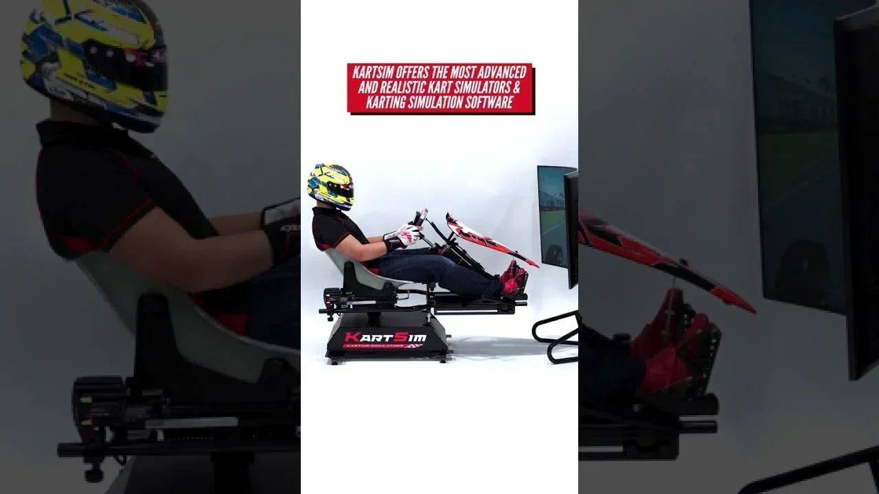 Driver in realistic kart simulator rig with racing seat, wheel, pedals and training monitor