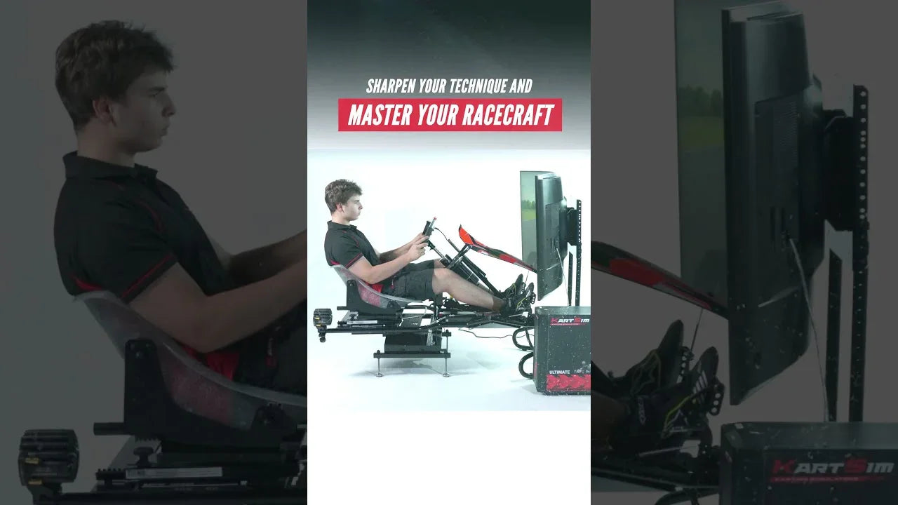 Kart driver training on a KartSim Pro Simulator with free worldwide shipping promotional text overlay