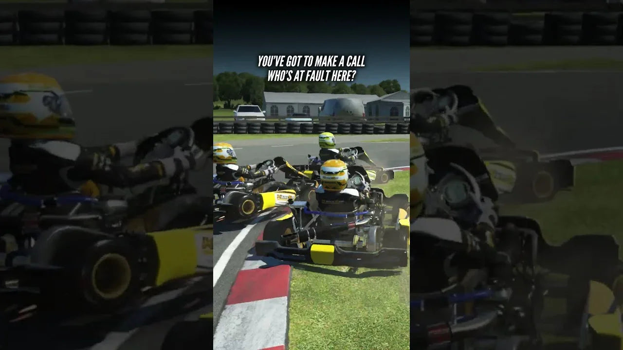 Realistic kart racing simulator collision scene, featuring multiple drivers for professional karting training.