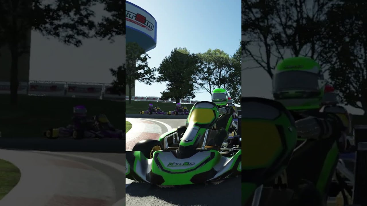 Vertical showcase of Pitt Race International in KartSim Pro North America, featuring karts navigating fast corners and elevation changes