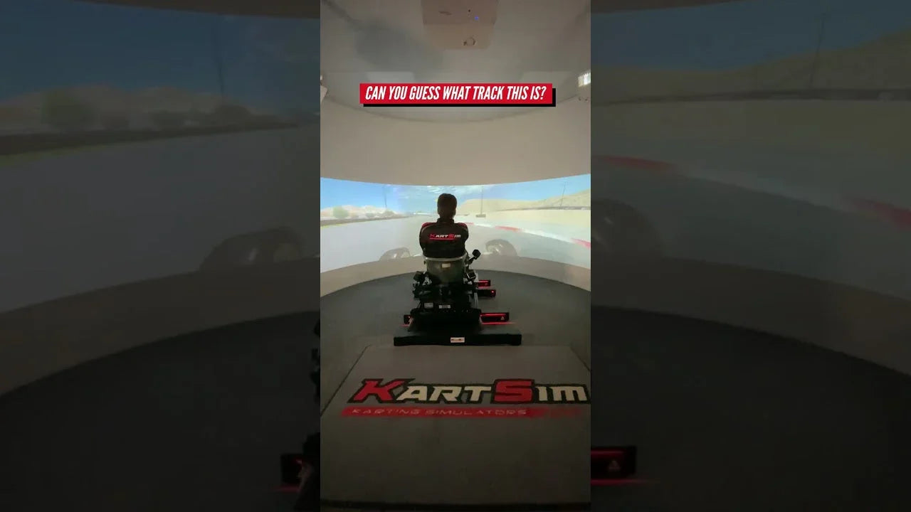 Professional kart simulator with driver in realistic racing seating, immersive track display, steering wheel and pedals