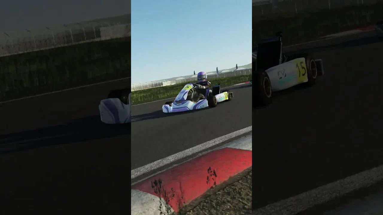 Kart driver in racing posture on realistic track, training with professional kart simulator for performance improvement.