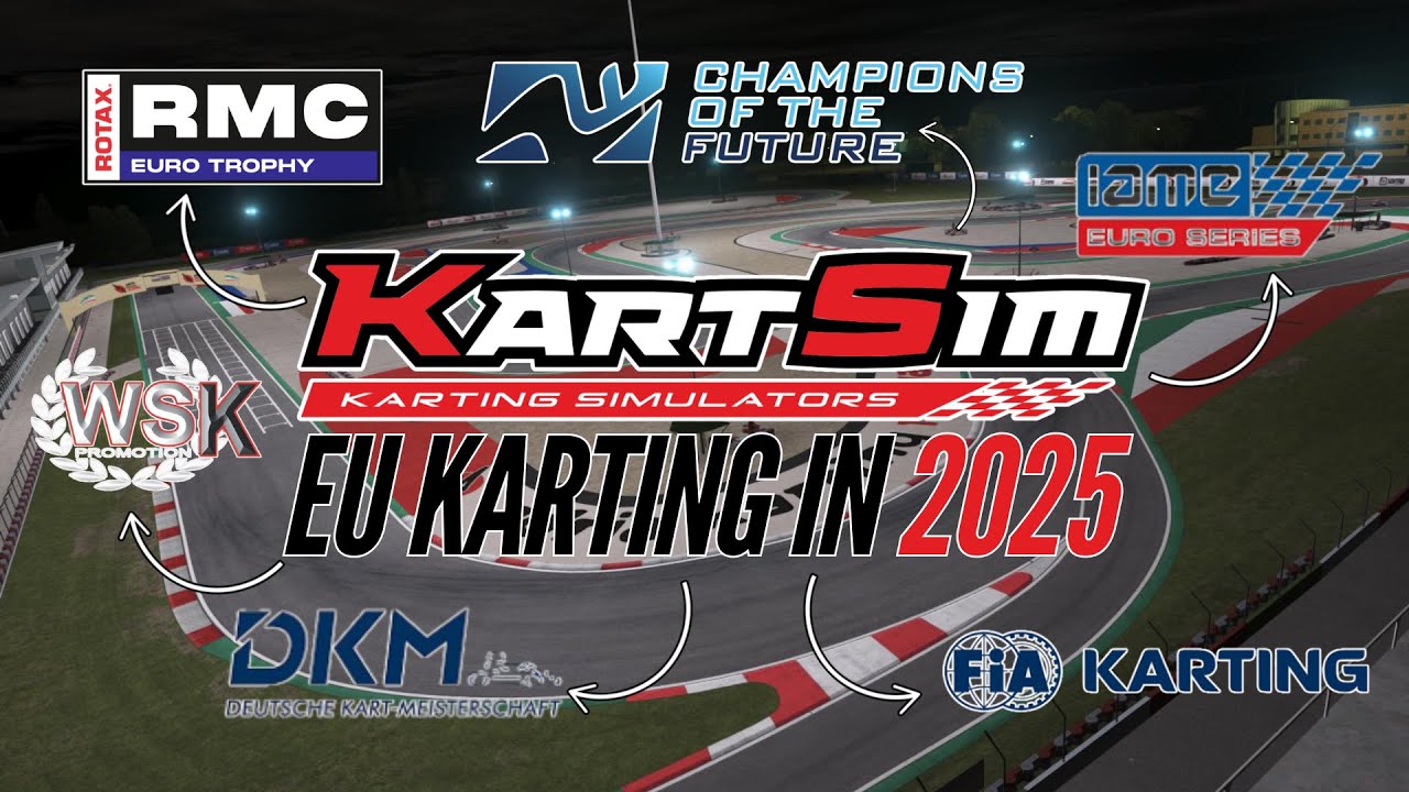 European karting series preparation using KartSim Pro EU simulator with 23 laser-scanned circuits and realistic karting physics.
