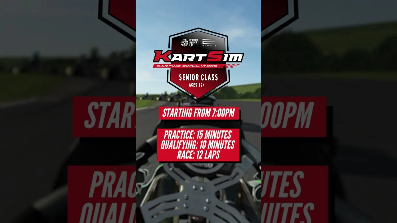 Kart racing simulator cockpit view with detailed steering components and virtual racing schedule overlay
