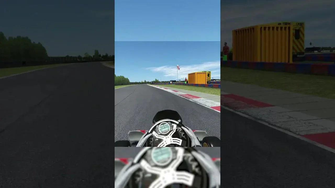 kart racing simulator cockpit view showing realistic track with digital telemetry for kart driver training