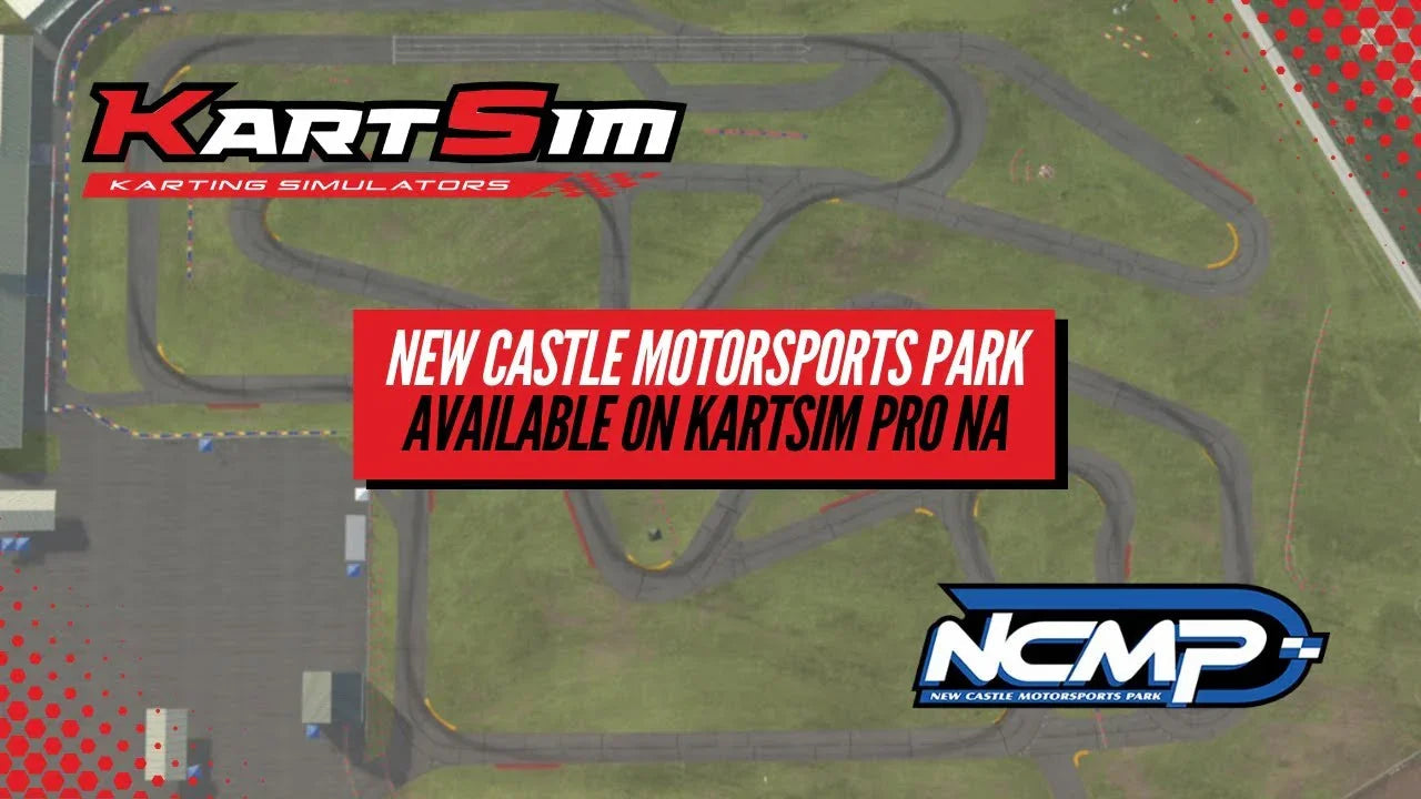 Aerial view of New Castle Motorsports Park available in KartSim Pro North America Software, showcasing laser-scanned kart track accuracy for training