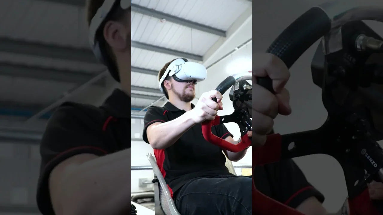 Driver using professional kart racing simulator with VR headset for realistic karting training.