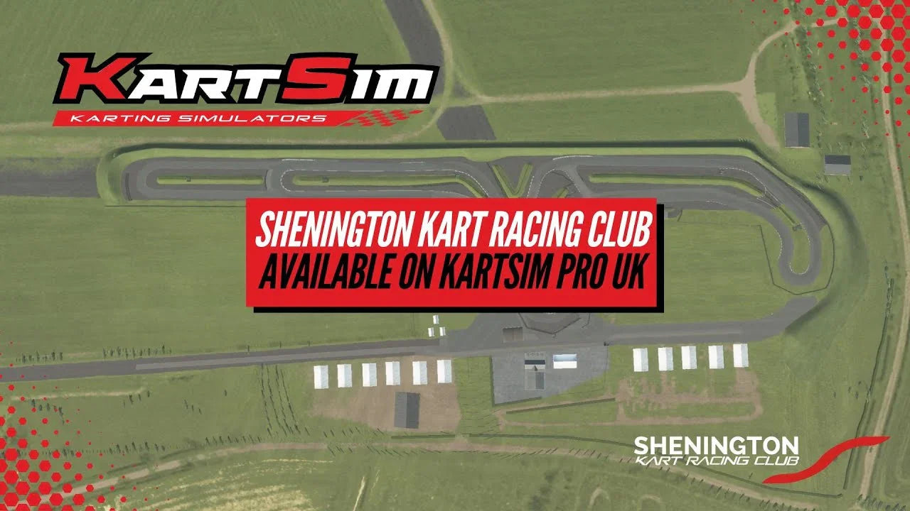 Aerial view of Shenington Kart Circuit with KartSim branding, showcasing its availability in KartSim Pro UK Software