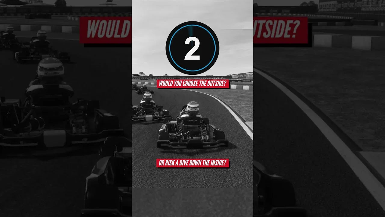 On-track view at Cremona Circuit showing two karts approaching a corner, highlighting the choice between defending the inside line or taking the outside line