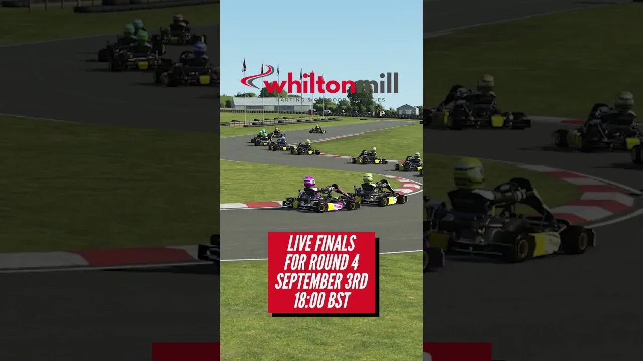 Realistic kart racing simulator game showing multiple karts on a digital Whitton Mill track for driver training