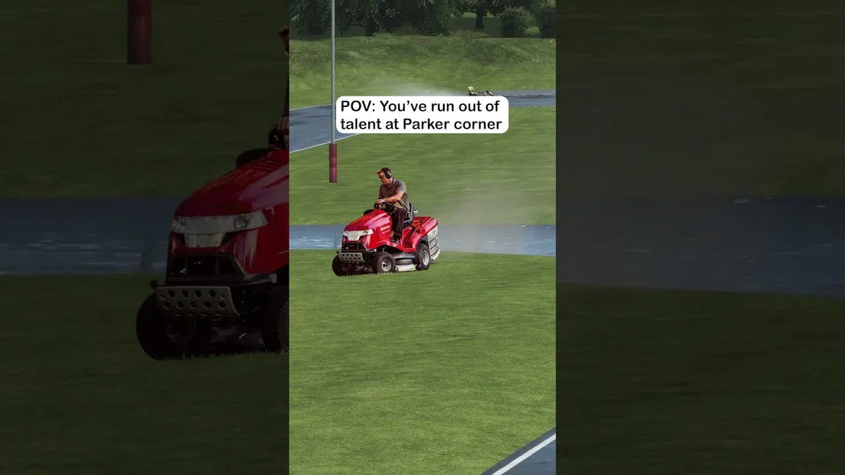 Simulated racing environment showing a virtual driver on a ride-on mower after leaving kart track