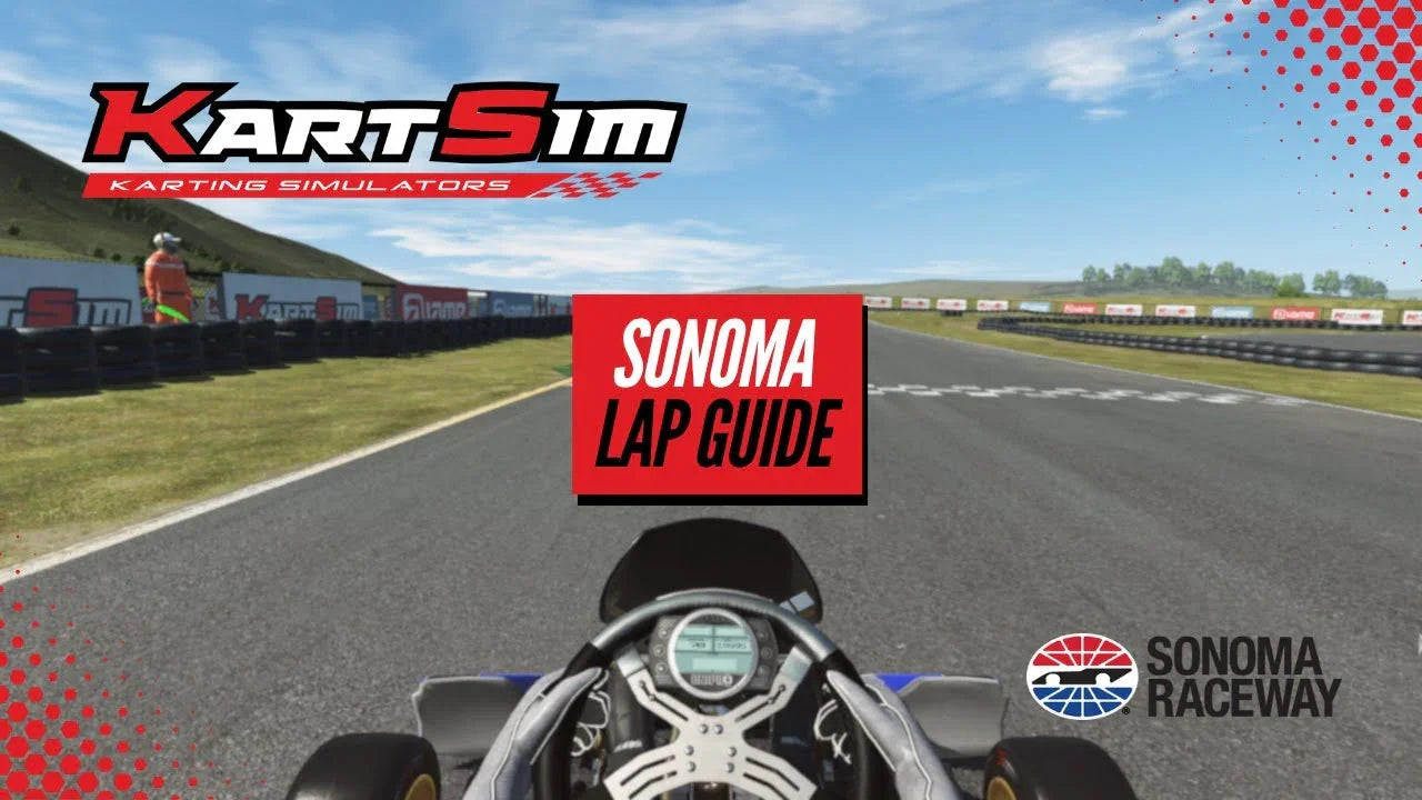 Professional kart simulator cockpit view training on realistic Sonoma Raceway karting track interface