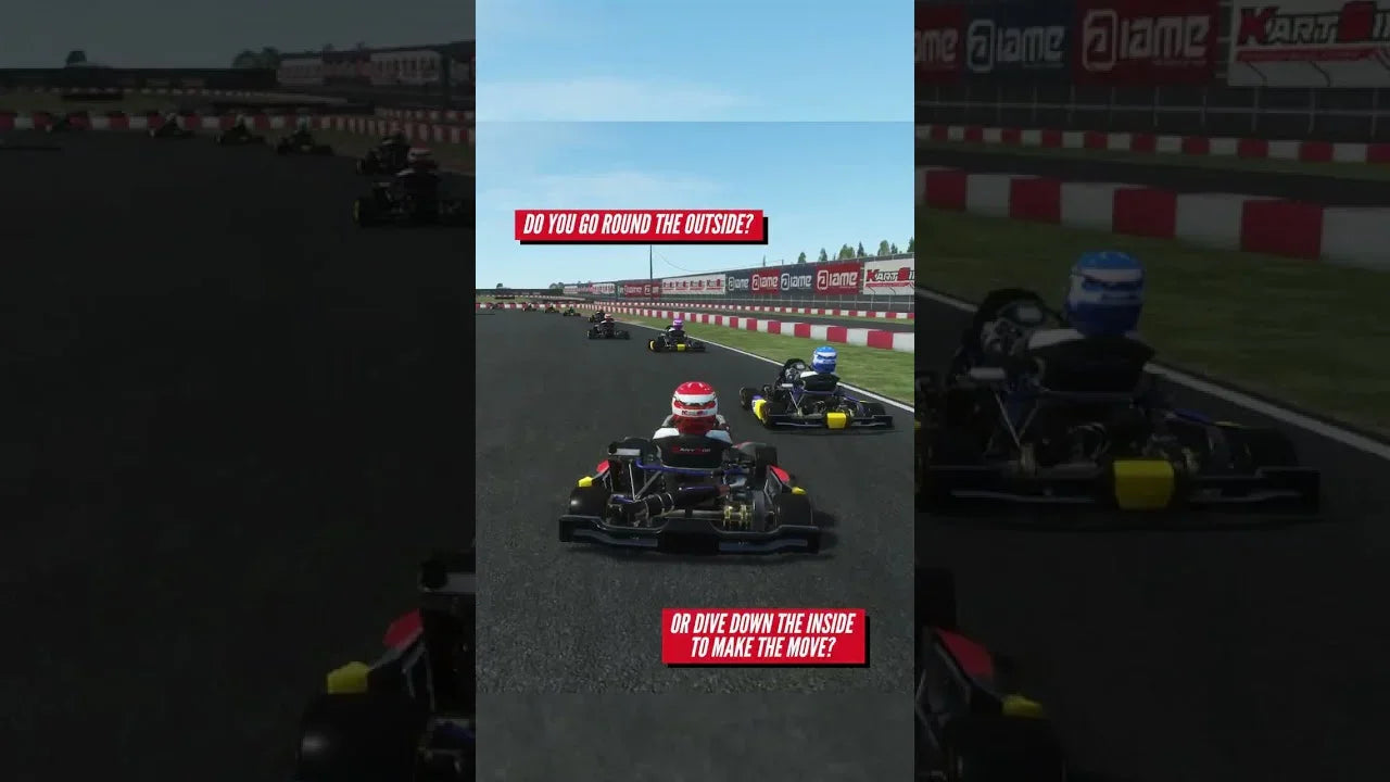 Onboard view at Cremona Circuit in KartSim Pro EU showing karts side by side approaching a corner with choice between inside and outside lines