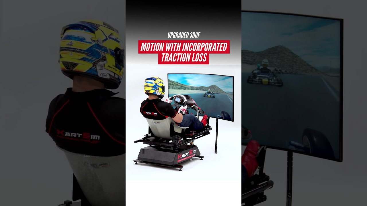 Professional kart simulator rig with motion platform, immersive racing screen, and realistic driver posture