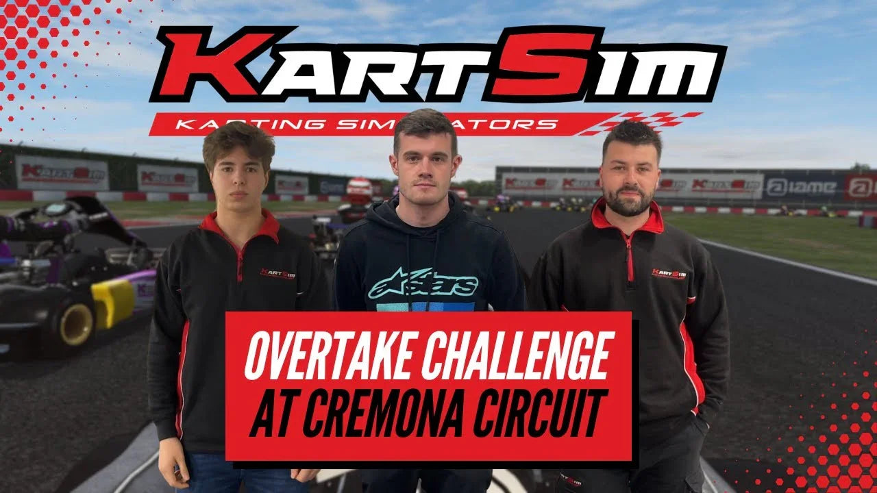 Three karting instructors at a realistic simulator track, highlighting kart driver training and performance.