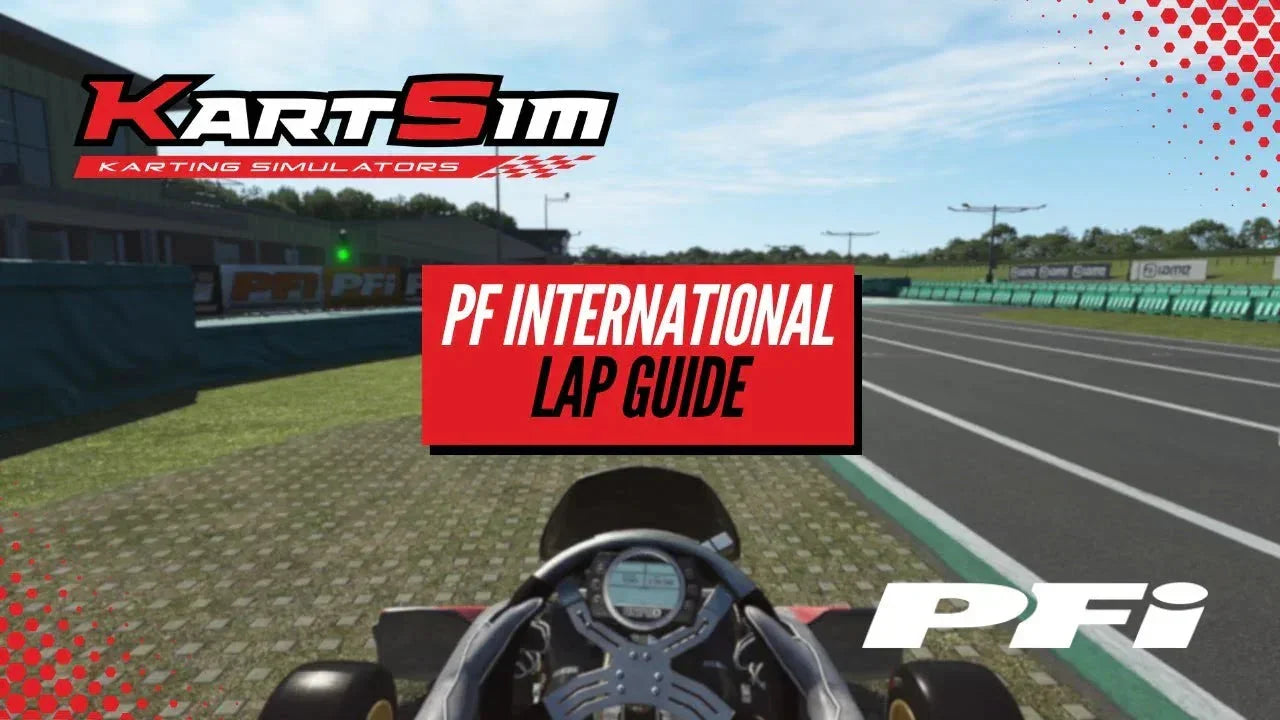 On-board hot lap at PF International Circuit in KartSim Pro UK Software, showing braking points and racing lines for professional driver training