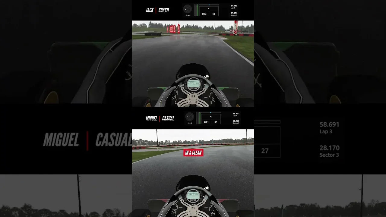 On-board view comparing two drivers on a soaking wet karting track, showing wet-weather racecraft training with KartSim Pro Simulator