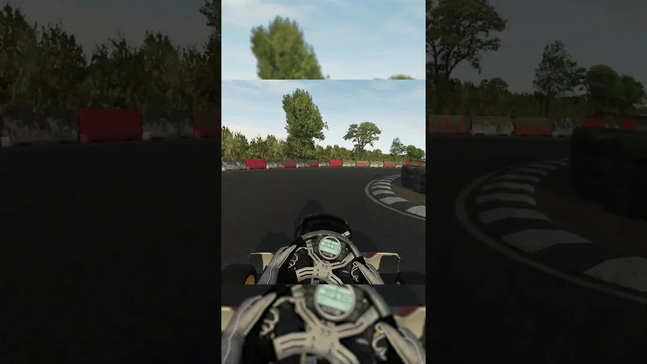 kart racing simulator first-person view showing steering wheel, on-track HUD and realistic karting training environment