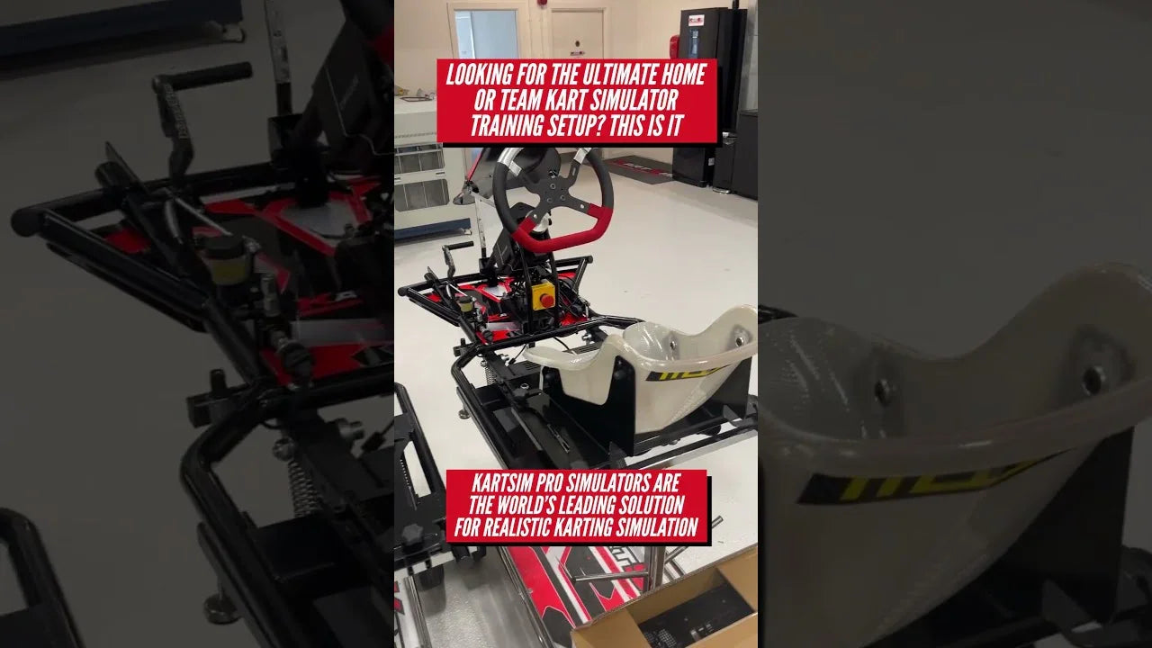 Professional kart simulator rig with adjustable seat, racing wheel, and pedals for realistic karting training