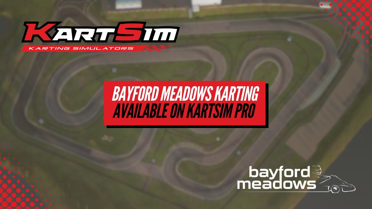 Driver racing at Bayford Meadows circuit using KartSim Pro Software realistic kart simulator environment with laser-scanned track accuracy