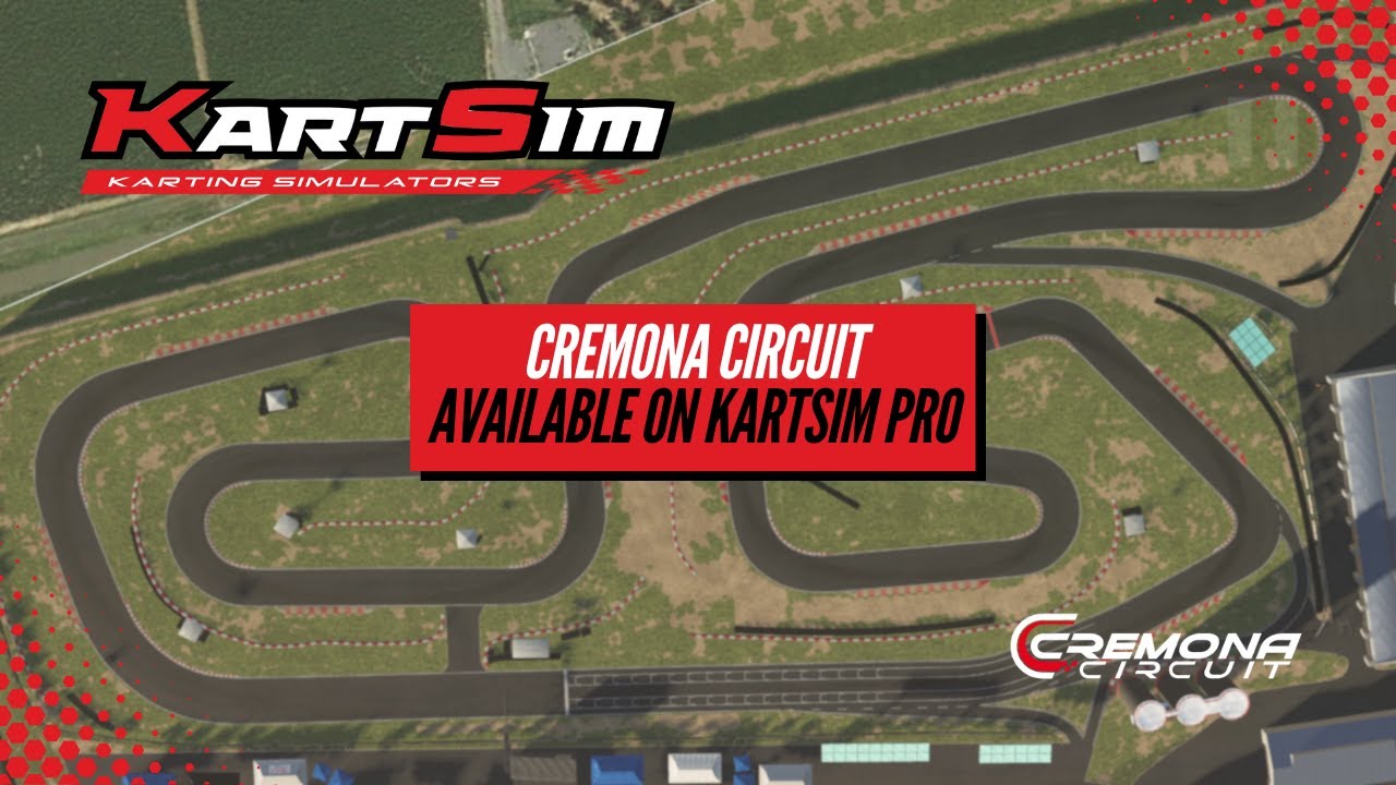 Vertical showcase of Cremona Karting Circuit in KartSim Pro EU, showing aerial layout of the Italian track.