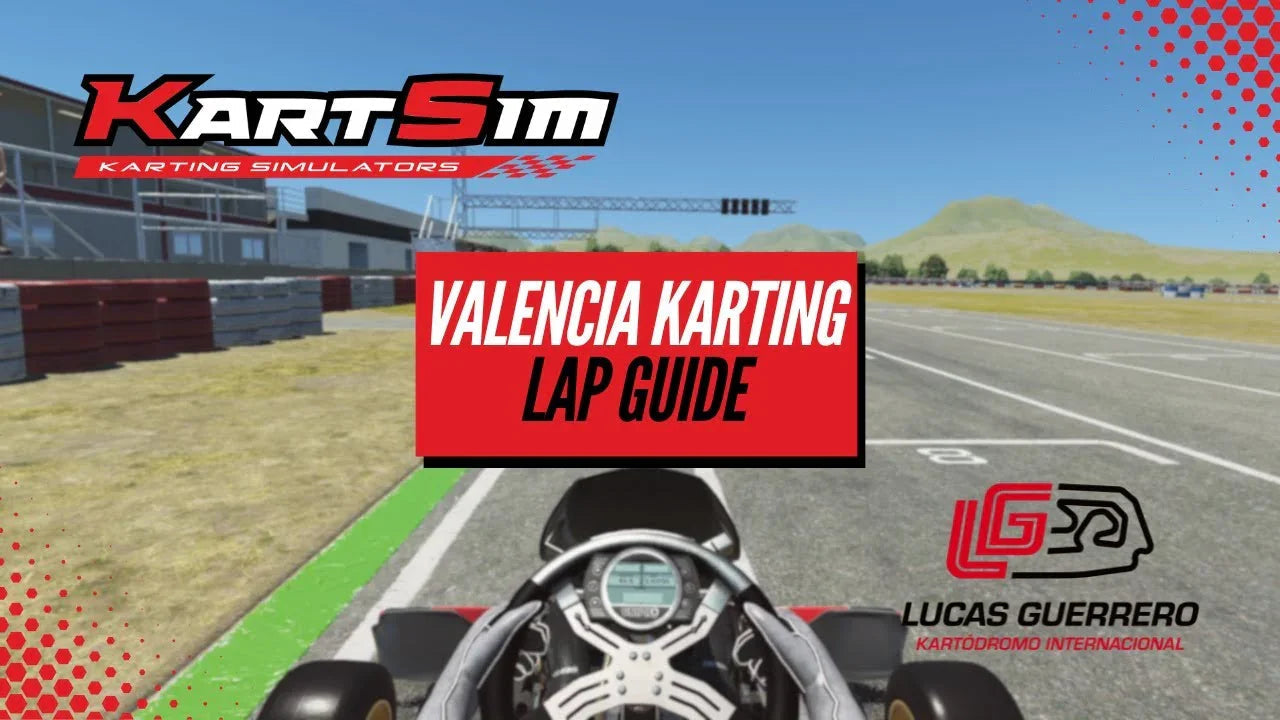 Kart simulator onboard view of Valencia kart track, displaying realistic kart racing training interface.