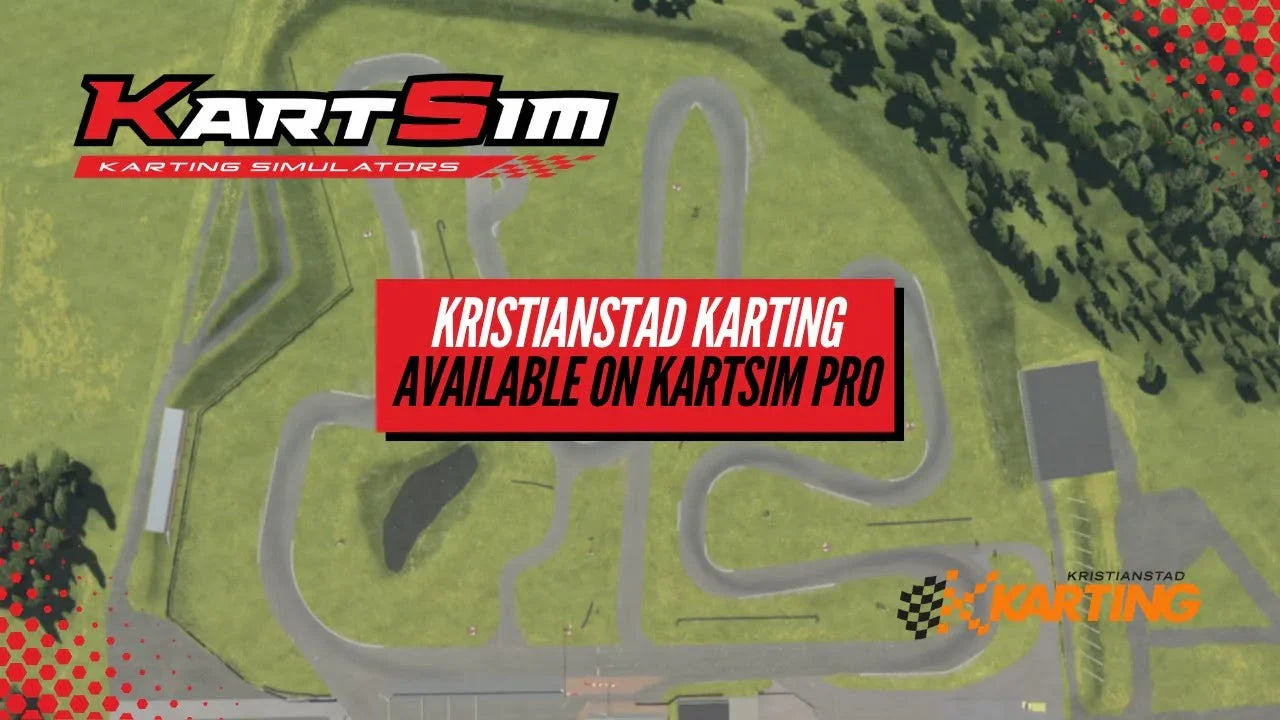 Aerial view of Kristianstad Karting Circuit with KartSim Pro EU branding overlay