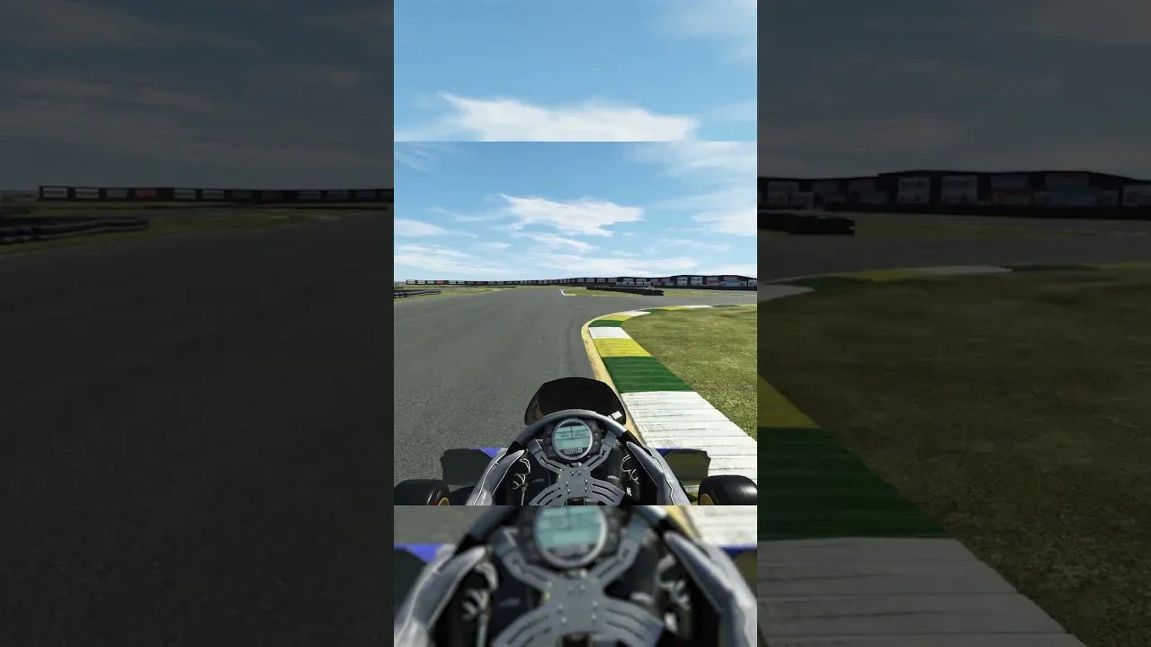 Realistic kart racing simulator HUD showing kart cockpit and telemetry on virtual training track