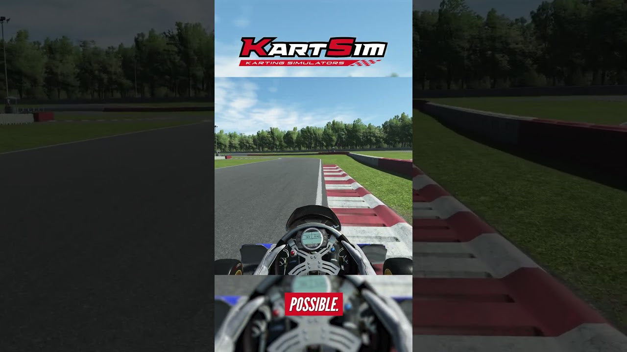 KartSim simulator cockpit view on realistic racing track with telemetry HUD for professional kart driver training