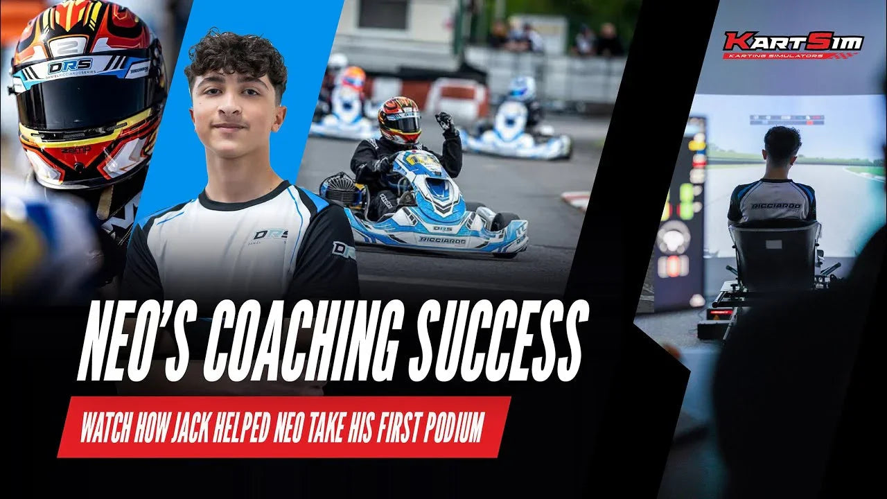Kart driver using professional kart simulator rig for training with realistic racing interface display