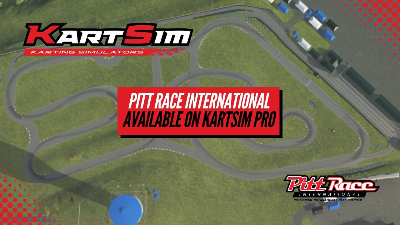 Aerial horizontal view of Pitt Race International karting circuit in KartSim Pro North America, showing the full track layout with straights, corners, and elevation