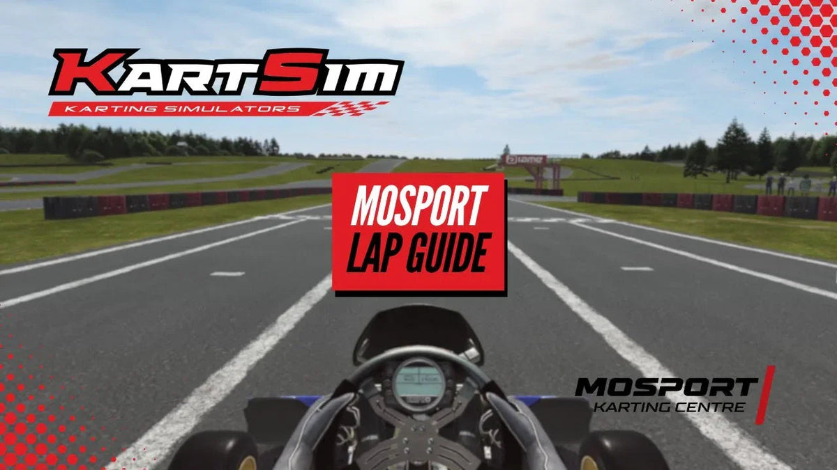 Kart simulator first-person view of Mosport track with racing HUD, focused on kart driver training realism.