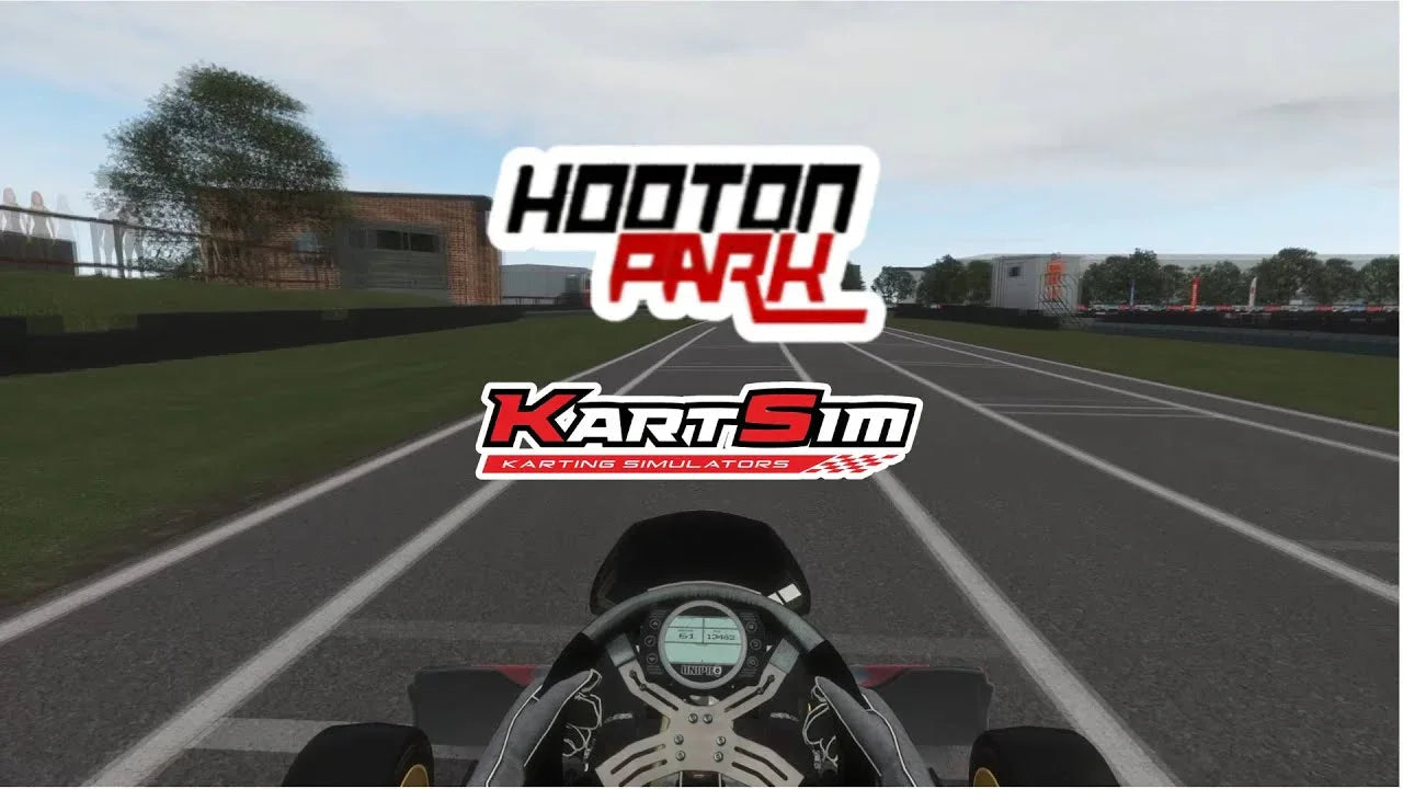 Virtual kart racing cockpit view on realistic Hooton Park track, featuring professional kart simulator HUD.