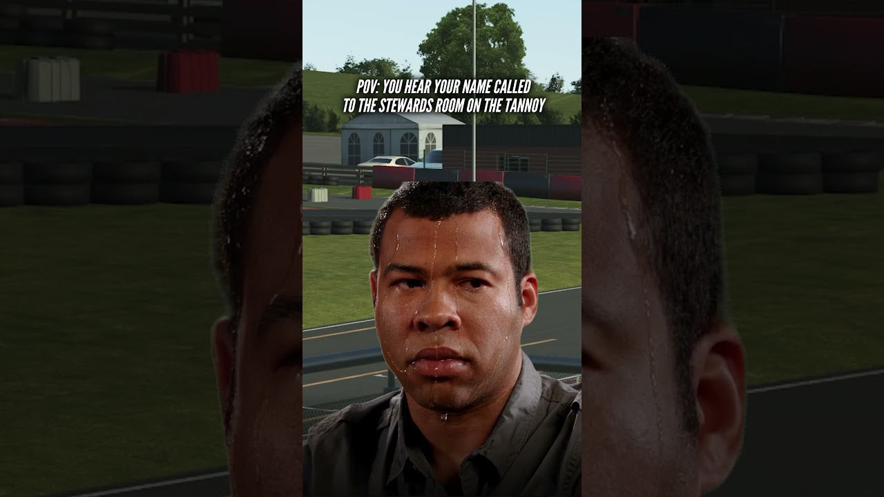 Kart driver sweating in realistic kart racing simulator training environment, POV text overlay